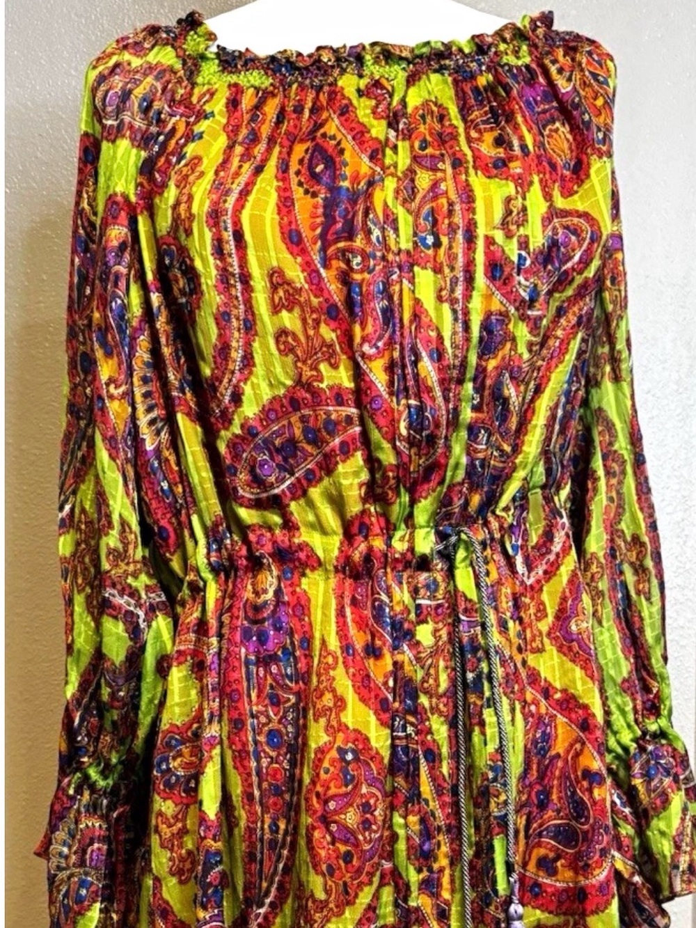 Etro Lime Paisley Long-Sleeve Tie-Waist Dress with Tassels